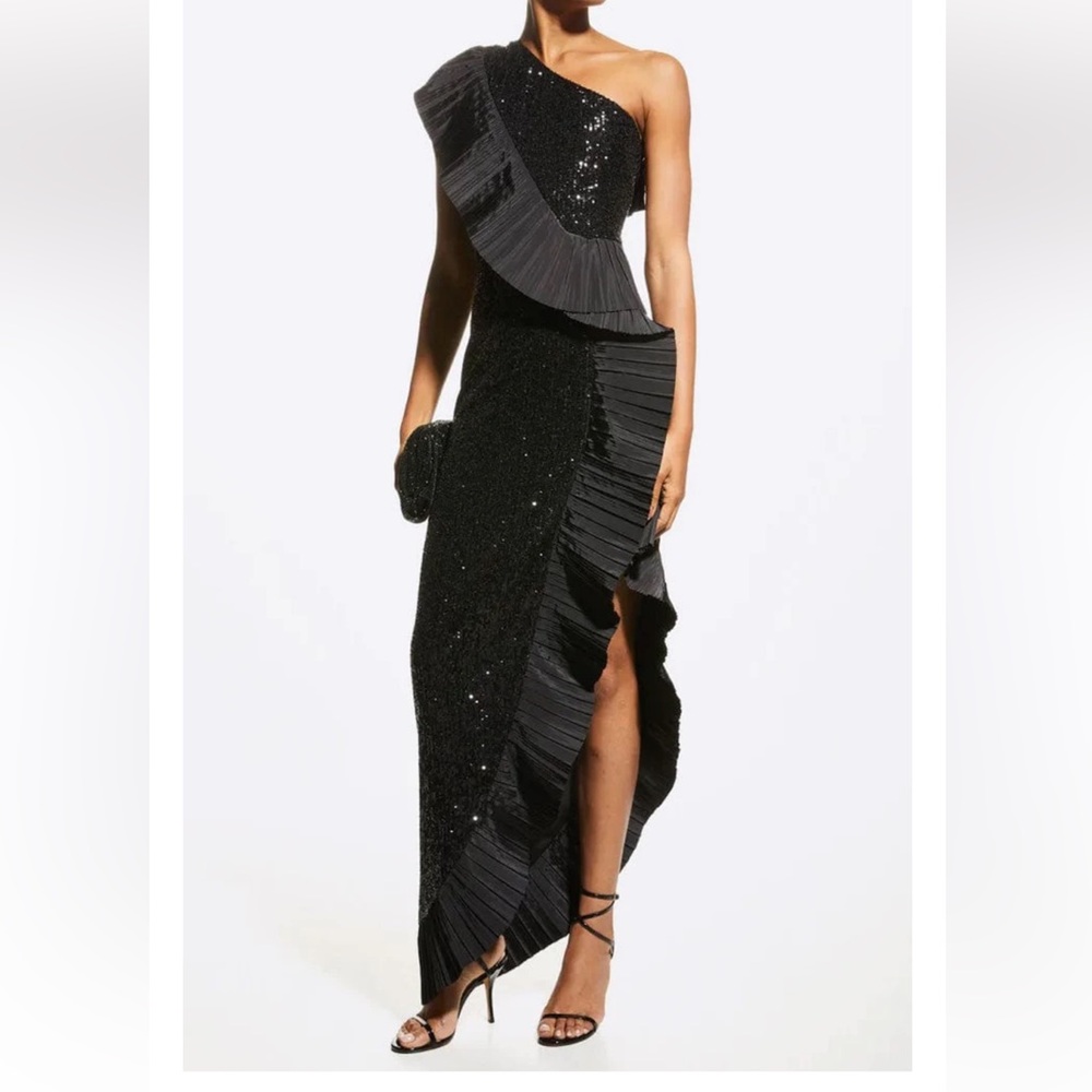 The Mercer Sequin | Black Pleated Ruffle Gown